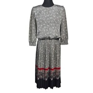 VLP‎ Petites Vintage 80s Paisley Pleated Midi Dress Black Red White Size 4 USA